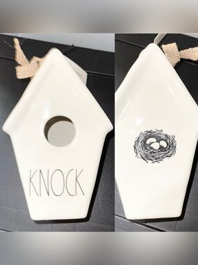 Rae Dunn White Ceramic Birdhouse Decor with 'KNOCK' Lettering